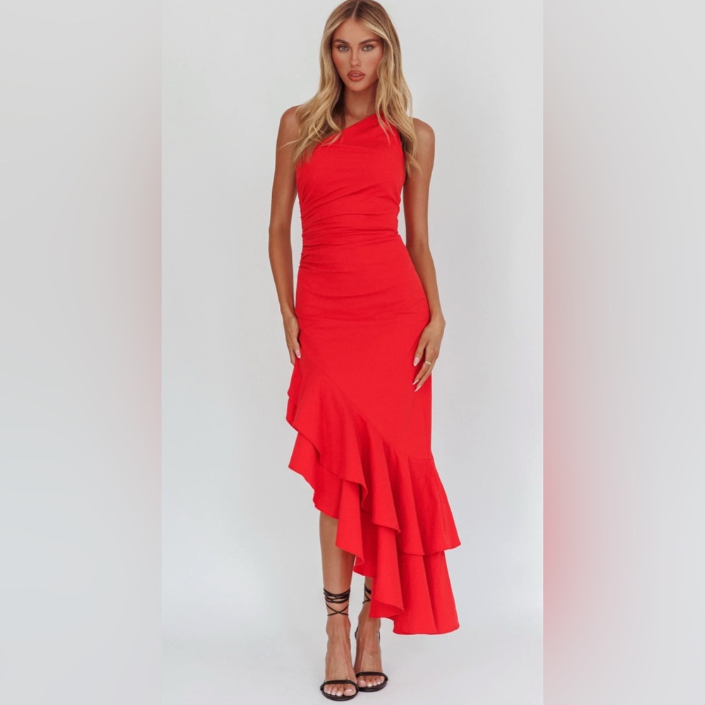 Bold Love One-Shoulder Asymmetric Hem Dress Red
